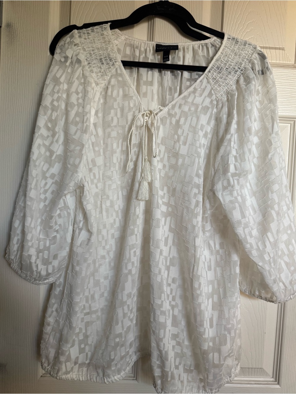 Lane Bryant White Textured Peasant Tunic with Tassel Tie, Size 14/16